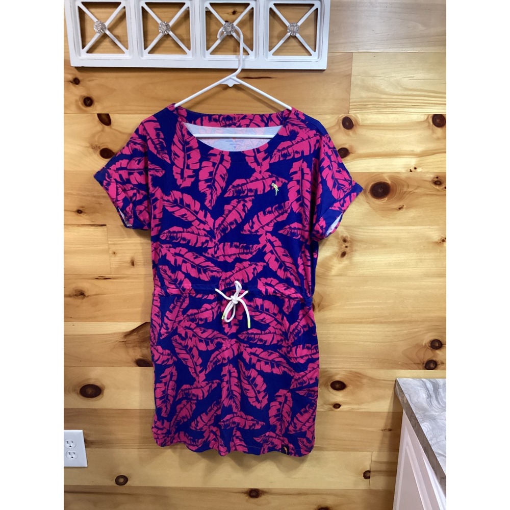 Margaritaville Island Reserve Women M Blue Pink Tropical Leaf Drawstring Dress